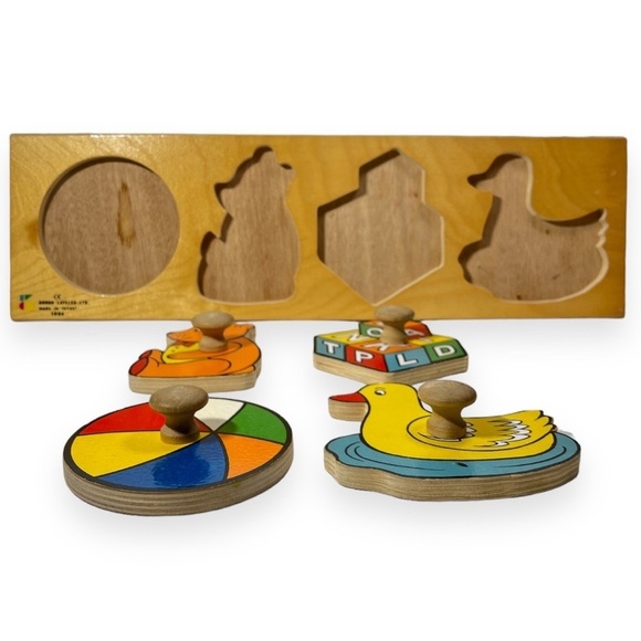 Vtg Puzzle Wood Knob Peg Handle Toddler Bear Ball Duck Blocks 1994 Doron Layeled - Picture 4 of 15